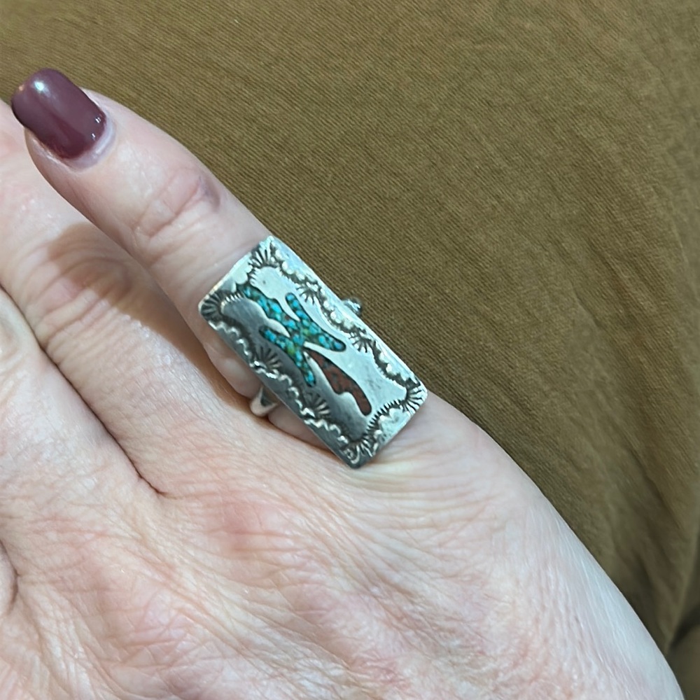 Sterling turquoise and coral inlay ring